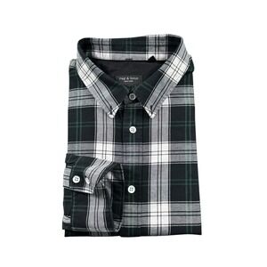 Rag & Bone Fit 2 Black White Green Check Metal Button Shirt Mens XL